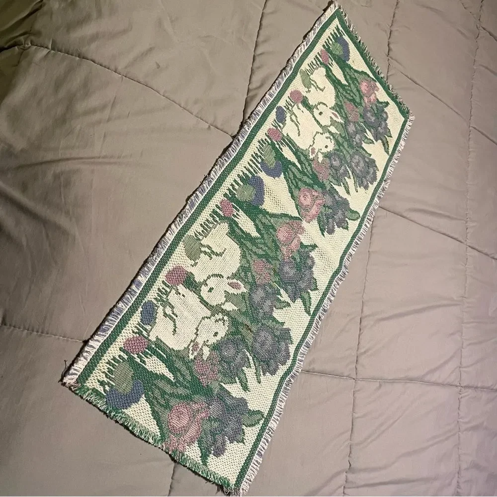 Bunnies and Tulips Tapestry Folk Art Spring Table Runner Easter Woven 34X13